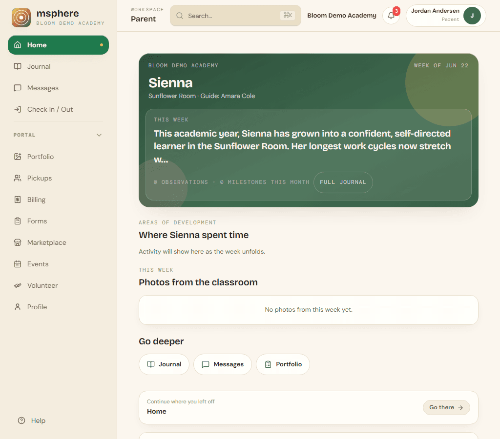 The msphere family portal showing a child's weekly summary.