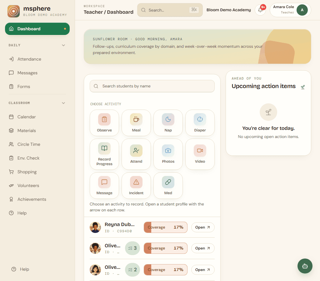 The msphere guide dashboard showing the classroom roster and daily activities.